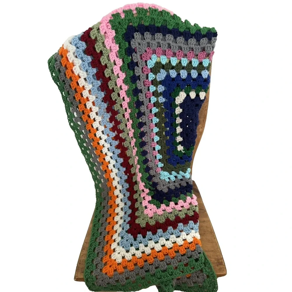 Handmade 70s Style Granny Square Crocheted Afghan Multicolored Boho 45x45 in